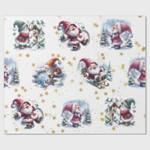 Grappige Santa Gnomes & gouden sterren Cadeaupapier