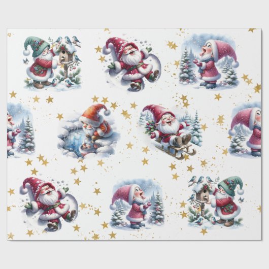 Grappige Santa Gnomes & gouden sterren Cadeaupapier (Vlak)