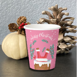 Grappige Santa in Schoorsteen Roze Papier Cup Papieren Bekers