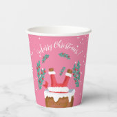 Grappige Santa in Schoorsteen Roze Papier Cup Papieren Bekers (Achterkant)