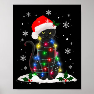 Grappige Santa Kitten Zwarte Kat Kerstboom Lichten Poster