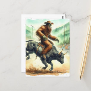 Grappige Sasquatch rijdt Bull in Rodeo Waterverf Briefkaart