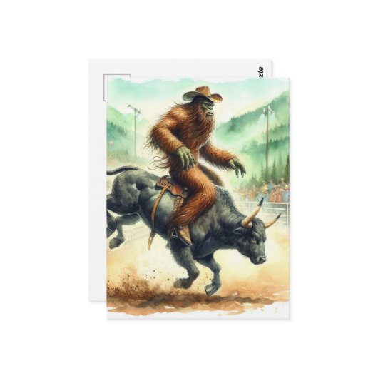 Grappige Sasquatch rijdt Bull in Rodeo Waterverf Briefkaart (Voorkant / Achterkant in situ)