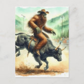 Grappige Sasquatch rijdt Bull in Rodeo Waterverf Briefkaart (Voorkant)