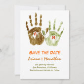 grappige save the date uitnodiging met handen (Voorkant)