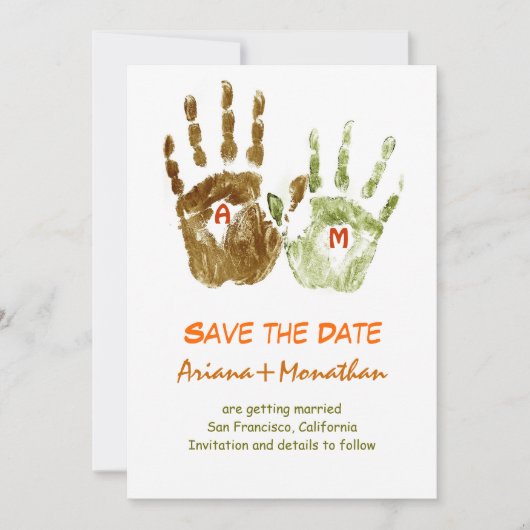 grappige save the date uitnodiging met handen (Voorkant)