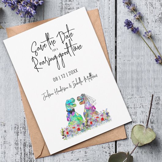 Grappige Save the Date voor een Brullende Dinosaur