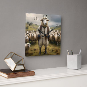 Grappige schaapjes met zijn kudde schapen, vierkante klok