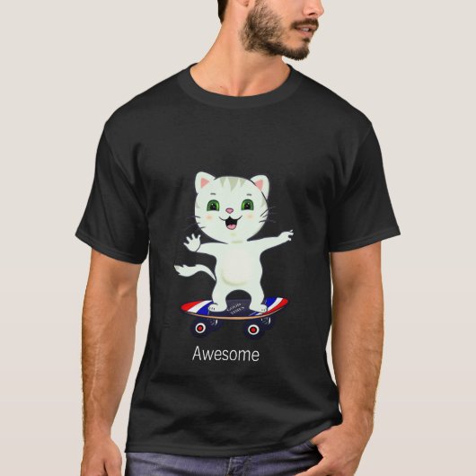 Grappige Schaatsende Gestreepte Kat T-Shirt (Voorkant)