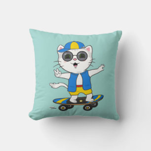 Grappige schaatsende kat gekleed in blauw en geel  kussen