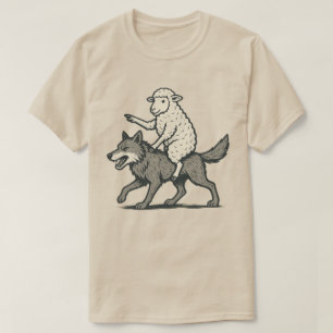 Grappige Schapen die Wolf Berijden Unieke Vintag T-shirt