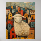 Grappige schapen in de stad Folk Art olieverfschil Poster (Voorkant)