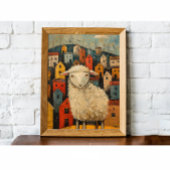 Grappige schapen in de stad Folk Art olieverfschil Poster