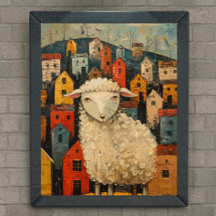 Grappige schapen in de stad Folk Art olieverfschil Poster
