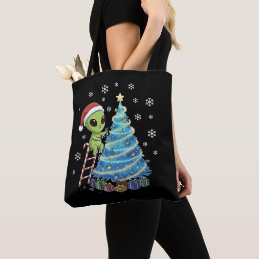 Grappige Schattige Alien Kerstman Versiert Ruimte  Tote Bag (Dichtbij)