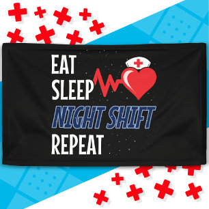 Grappige Schattige Eten Slaap Nacht Dienst Herhaal Spandoek