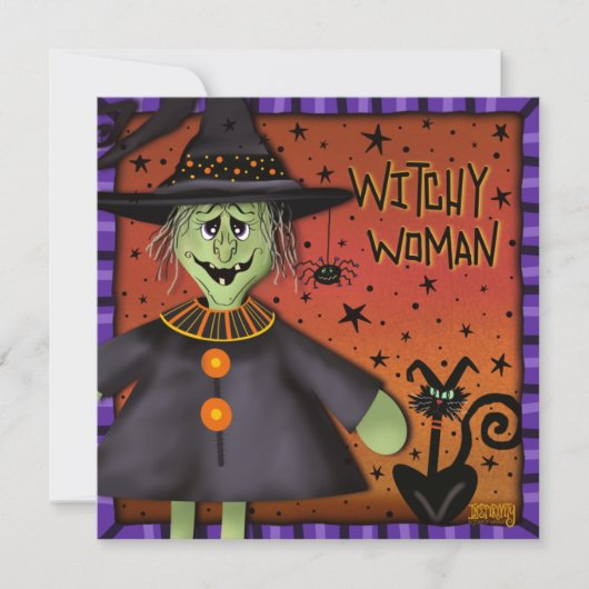 Grappige schattige heksenvrouw inspirativiteit Hal Feestdagenkaart (Voorkant)