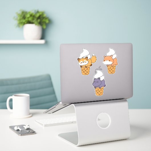 Grappige & Schattige Kawaii Dier Sticker Set (3 st (Laptop op bureau)