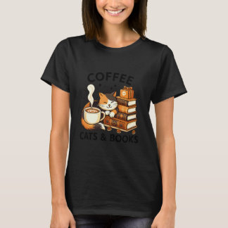 Grappige Schattige Koffie Katten Boeken Liefhebber T-shirt