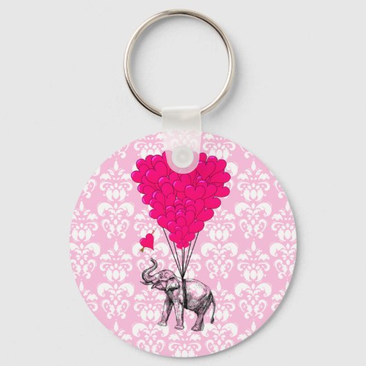 Grappige schattige olifant & roze damast sleutelhanger (Voorkant)