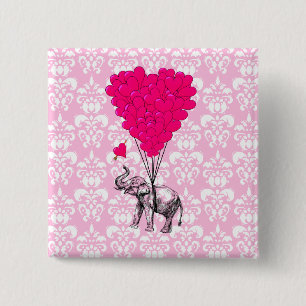 Grappige schattige olifant & roze damast vierkante button 5,1 cm