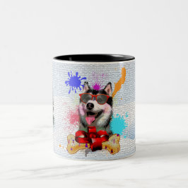 Grappige Schattige Siberische Husky Hond Kerstmis Tweekleurige Koffiemok