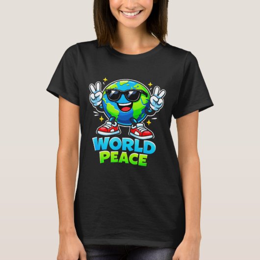 Grappige Schattige Wereld Vredesverspreidings Bewe T-shirt (Voorkant)
