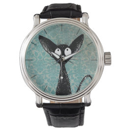 Grappige Schattige Zwarte Kat Kunst op Blauwe Dama Horloge