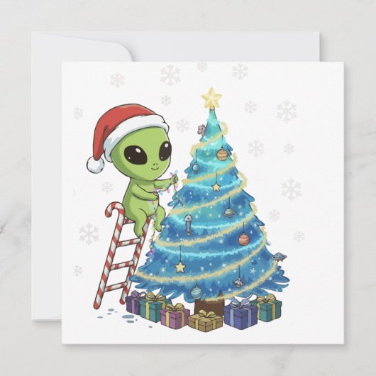Grappige Schattigee Alien Santa Decorating Space K Feestdagenkaart (Voorkant)