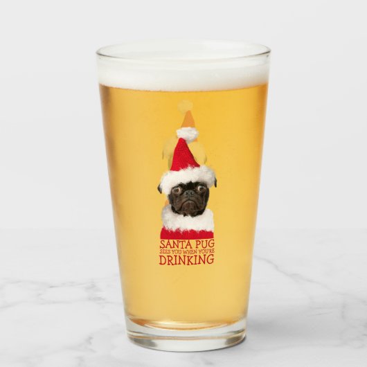 Grappige Schattigee Black Pug Santa Hat Kerstmis Glas (Voorkant gevuld)