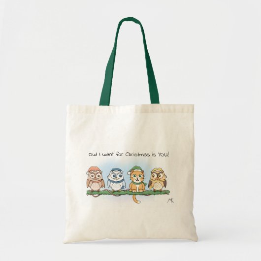 Grappige Schattigee Cartoon Uilen en Cat Christmas Tote Bag (Voorkant)