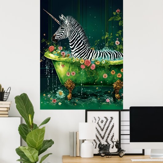 Grappige Schattigee eenhoorn Zebra in een badkuip Poster (Thuiskantoor)