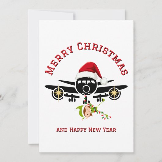 Grappige Schattigee Elf springen op vliegtuig, ker Feestdagenkaart (Voorkant)