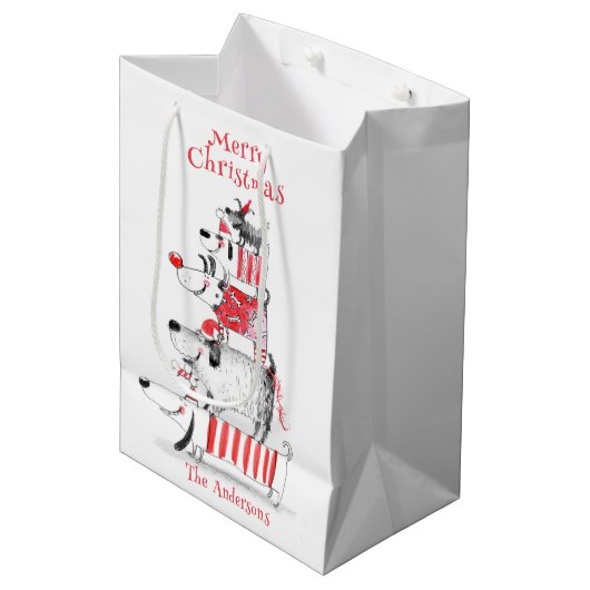 Grappige Schattigee feesthonden Vrolijk Kerstfeest Medium Cadeauzakje (Voorkant Gekanteld)