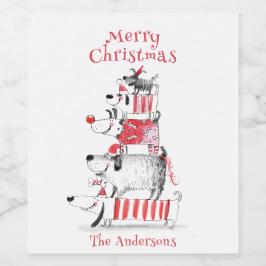 Grappige Schattigee feesthonden Vrolijk Kerstfeest Wijn Etiket (Enkel label)