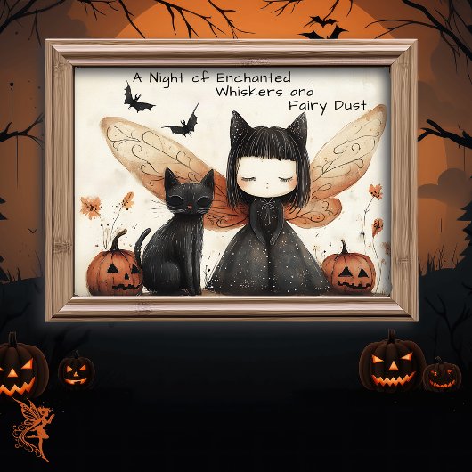 Grappige Schattigee Halloween Fairy & Cat Fantasy  Poster