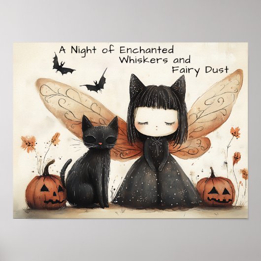 Grappige Schattigee Halloween Fairy & Cat Fantasy  Poster (Voorkant)