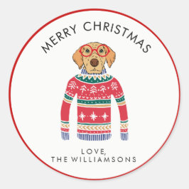 Grappige Schattigee hond draagt lelijke kersttrui Ronde Sticker