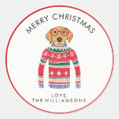 Grappige Schattigee hond draagt lelijke kersttrui Ronde Sticker (Voorkant)