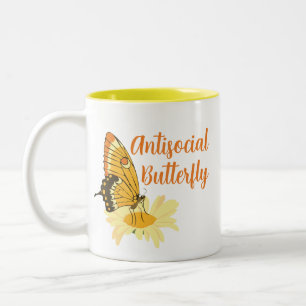 Grappige Schattigee introverte antisociale vlinder Tweekleurige Koffiemok