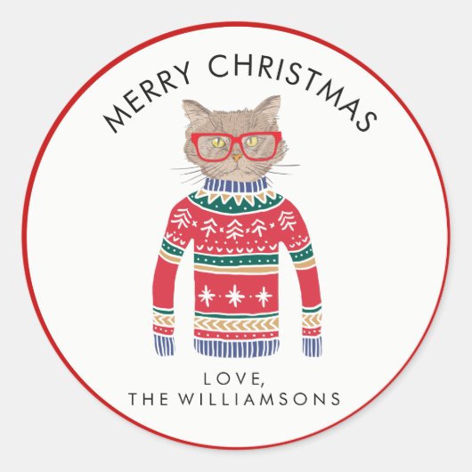 Grappige Schattigee kat draagt lelijke kersttrui Ronde Sticker (Voorkant)