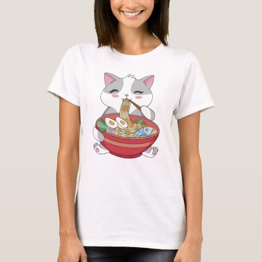 Grappige Schattigee Kat Eten Ramen T-shirt (Voorkant)