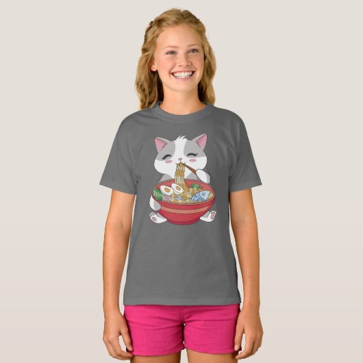 Grappige Schattigee Kat Eten Ramen T-shirt (Voorkant volledig)