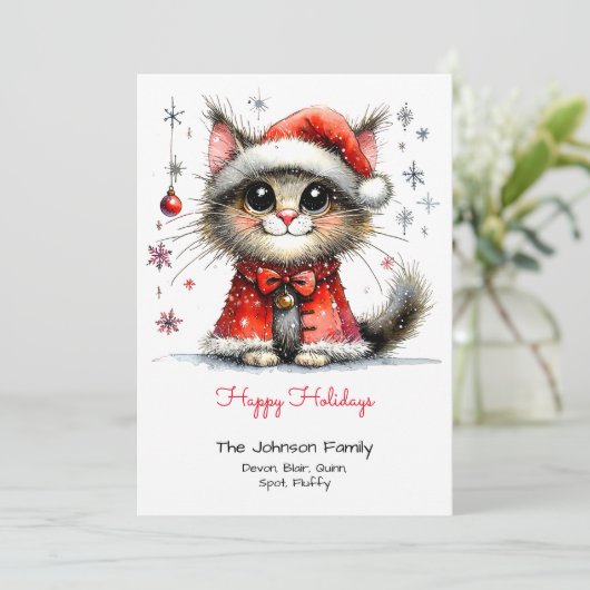 Grappige Schattigee kat in een kerstmuts Happy Feestdagenkaart (Staand voorkant)