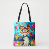 GRAPPIGE SCHATTIGEE KAT MET GROTE OGEN ABSTRACT ON TOTE BAG (Voorkant)