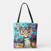 GRAPPIGE SCHATTIGEE KAT MET GROTE OGEN ABSTRACT ON TOTE BAG (Achterkant)