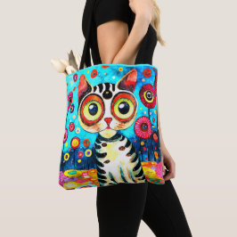 GRAPPIGE SCHATTIGEE KAT MET GROTE OGEN ABSTRACT ON TOTE BAG