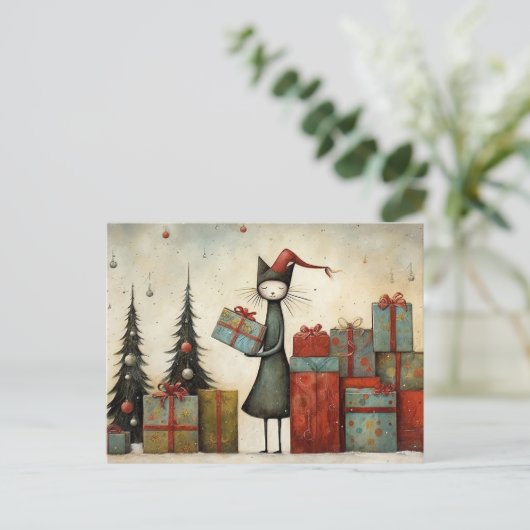 Grappige Schattigee kat met kerstcadeaus en kerstb Briefkaart (Staand voorkant)