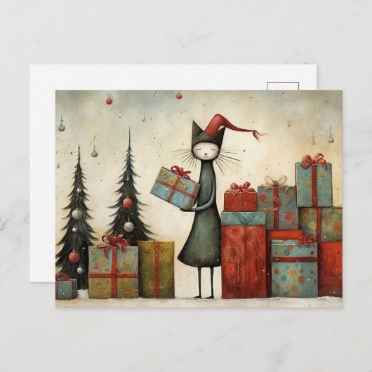 Grappige Schattigee kat met kerstcadeaus en kerstb Briefkaart (Voorkant / Achterkant)