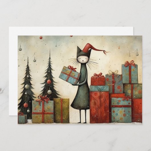 Grappige Schattigee kat met kerstcadeaus en kerstb Feestdagenkaart (Voorkant / Achterkant)